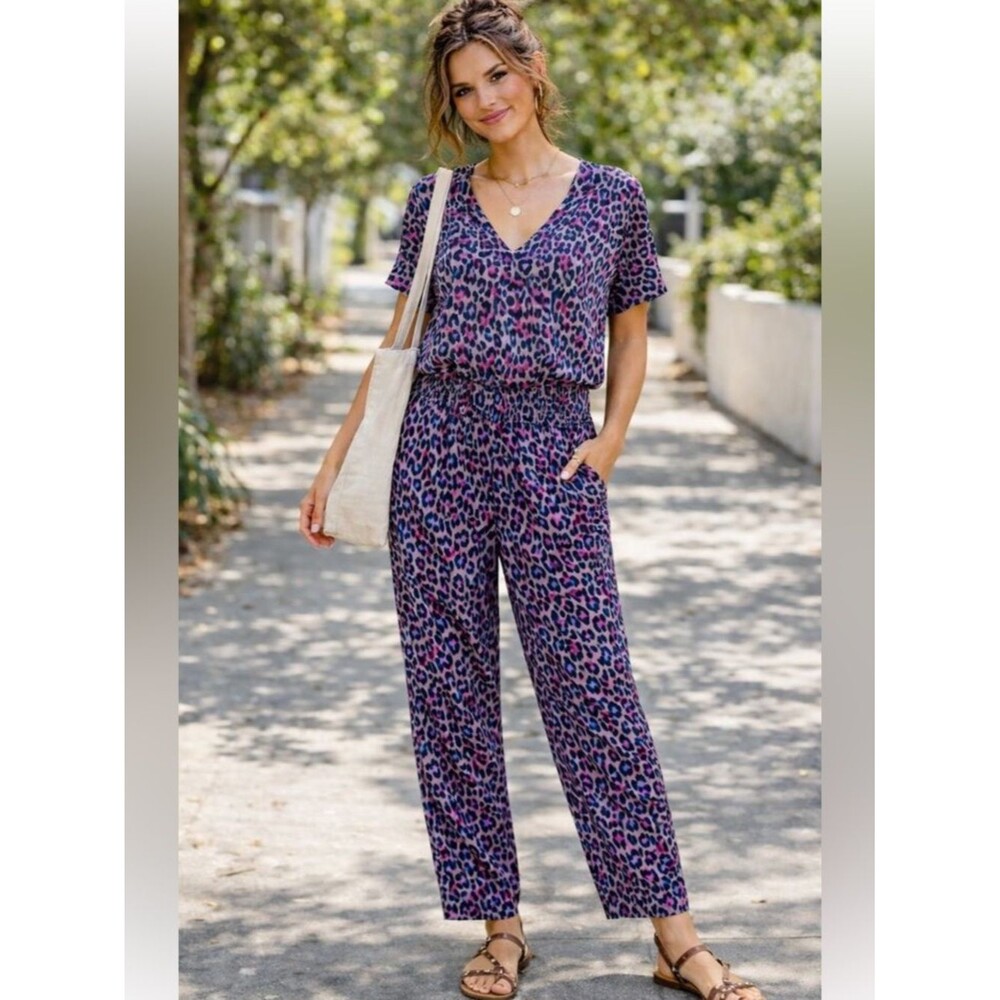 Pact Organic Cotton Wide Leg Animal Print Jumpsuit Drawstring Waist Size XXL